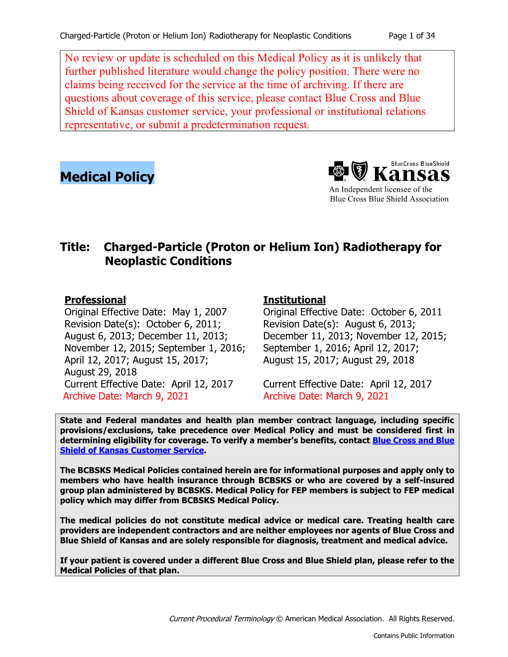 Charged-Particle (Proton Or Helium Ion) Radiotherapy for Neoplastic Conditions Page 1 of 34