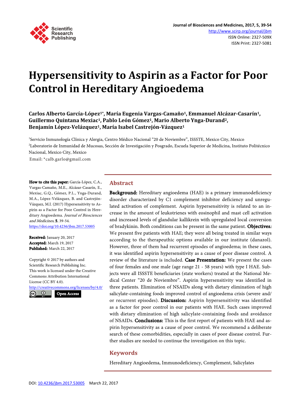 Hypersensitivity to Aspirin As a Factor for Poor Control in Hereditary Angioedema