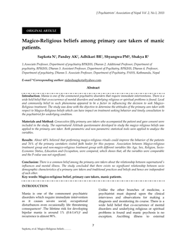 Magico-Religious Beliefs Among Primary Care Takers of Manic Patients