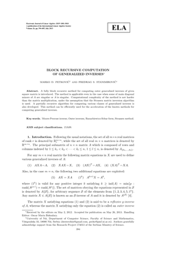 Block Recursive Computation of Generalized Inverses∗ 1