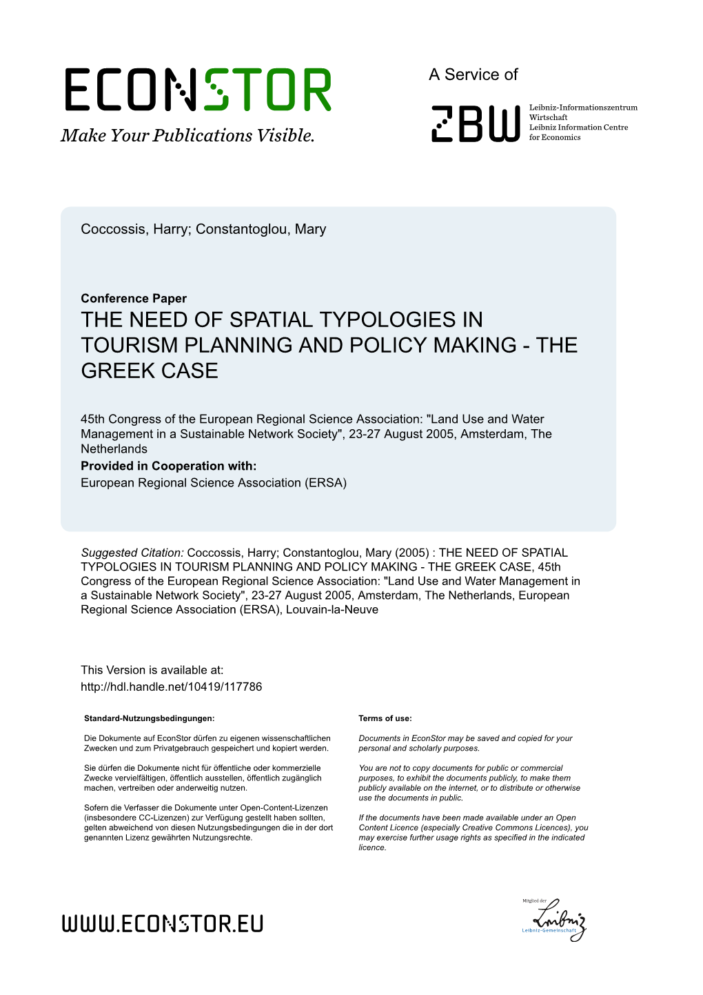 The Need of Spatial Typologies in Tourism Planning and Policy Making - the Greek Case