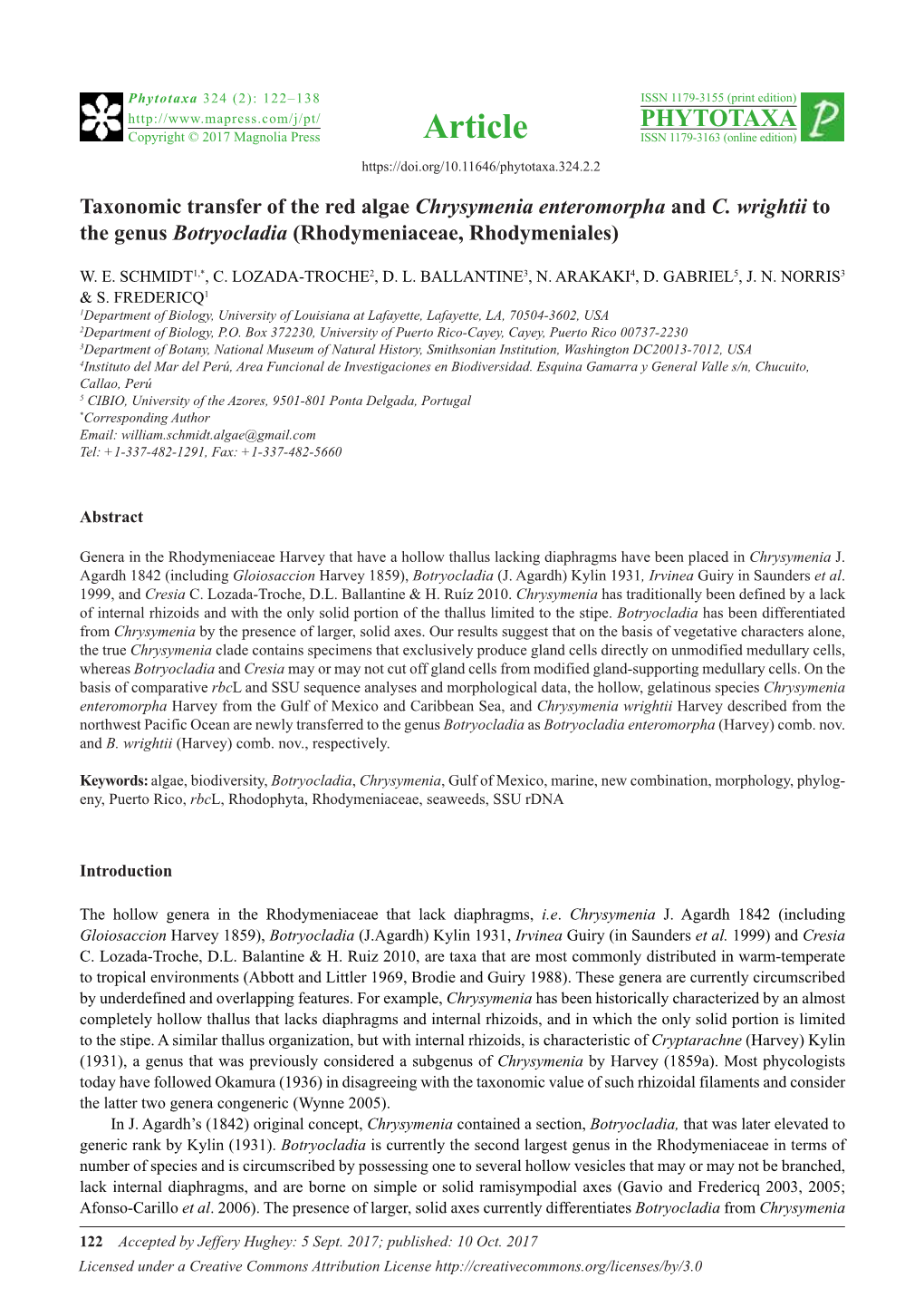 Taxonomic Transfer of the Red Algae Chrysymenia Enteromorpha and C. Wrightii to the Genus Botryocladia (Rhodymeniaceae, Rhodymeniales)