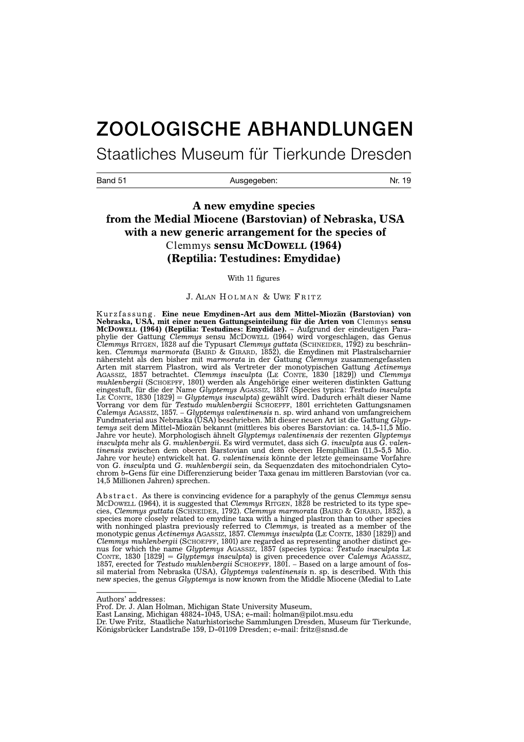 Holman, J.A. and Fritz, U. 2001. a New Emydine Species from the Middle Miocene