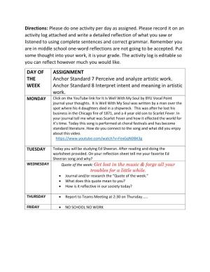 DAY of the WEEK ASSIGNMENT Anchor Standard 7 Perceive And