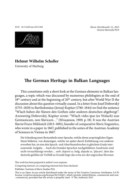 The German Heritage in Balkan Languages