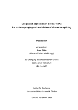 Design and Application of Circular Rnas for Protein Sponging and Modulation of Alternative Splicing