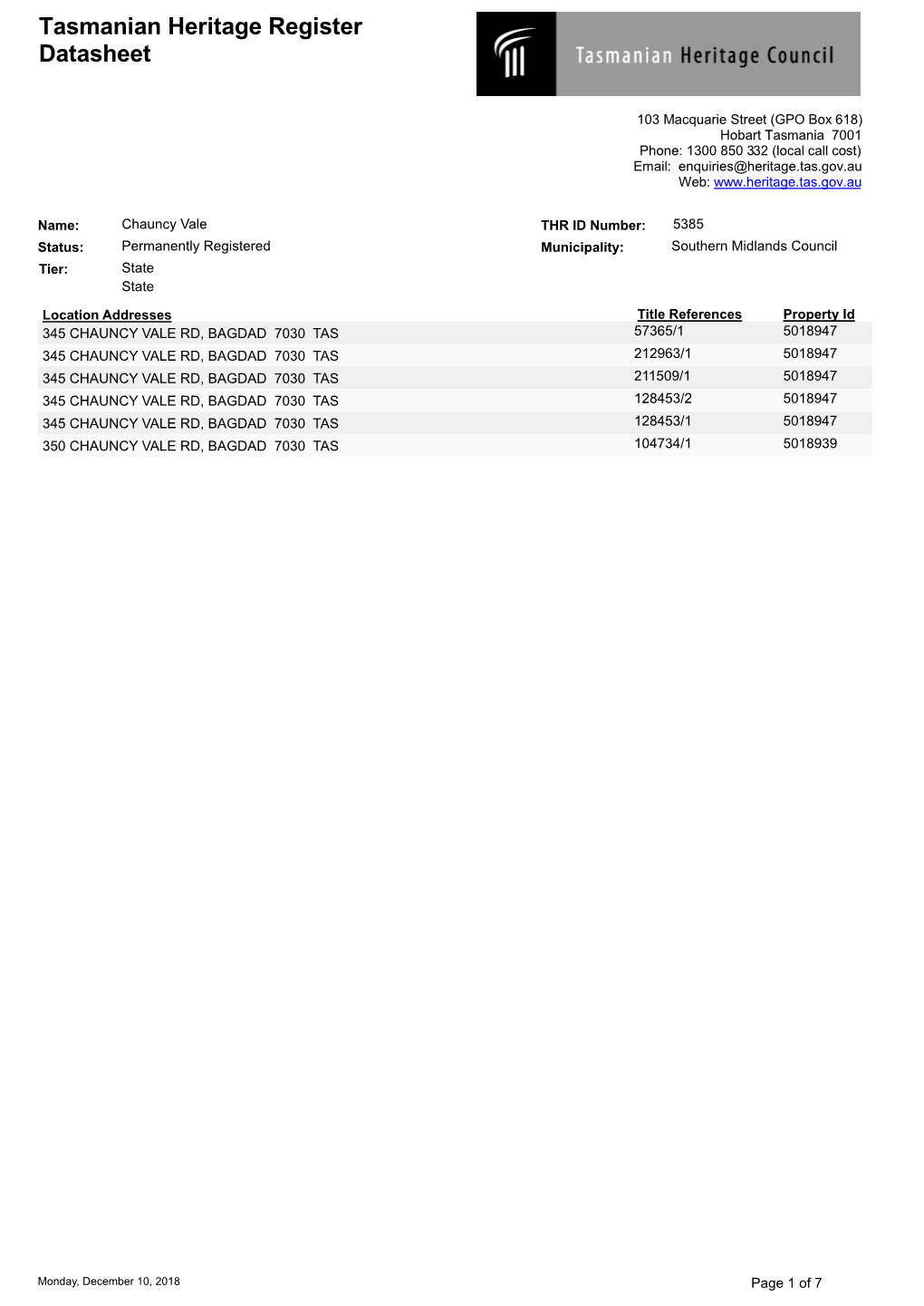 Tasmanian Heritage Register Datasheet