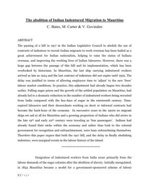 The Abolition of Indian Indentured Migration to Mauritius C. Bates, M