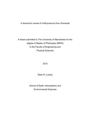 A Taxonomic Review of Ichthyosaurus from Somerset a Thesis Submitted To