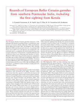 Records of European Roller Coracias Garrulus from Southern Peninsular India, Including the First Sighting from Kerala