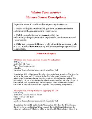 Winter Term 2016/17 Honors Course Descriptions
