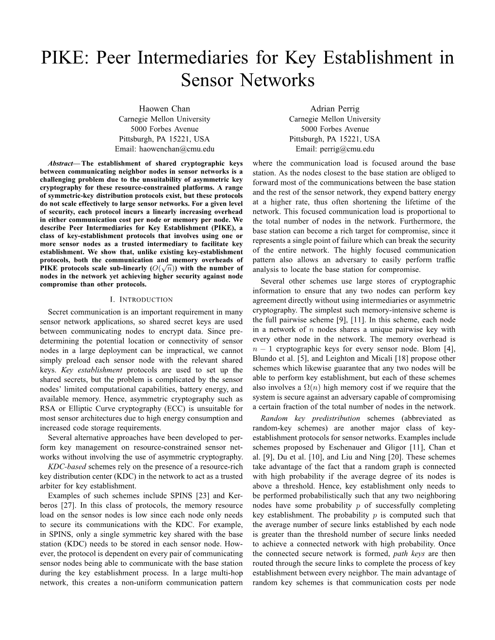PIKE: Peer Intermediaries for Key Establishment in Sensor Networks