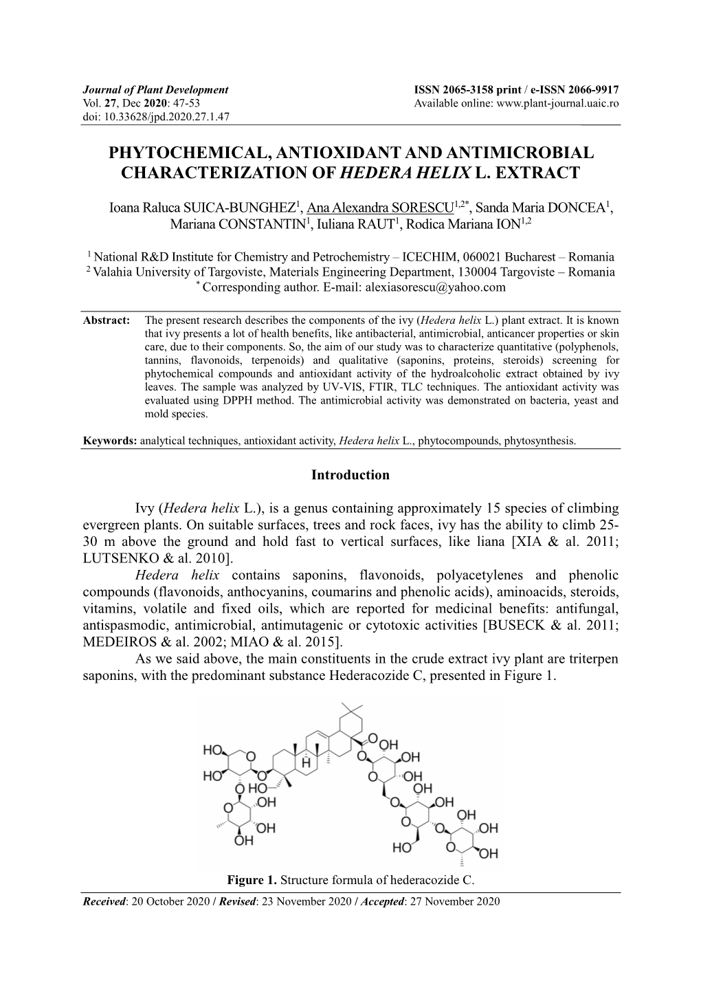 Phytochemical, Antioxidant and Antimicrobial Characterization of Hedera Helix L