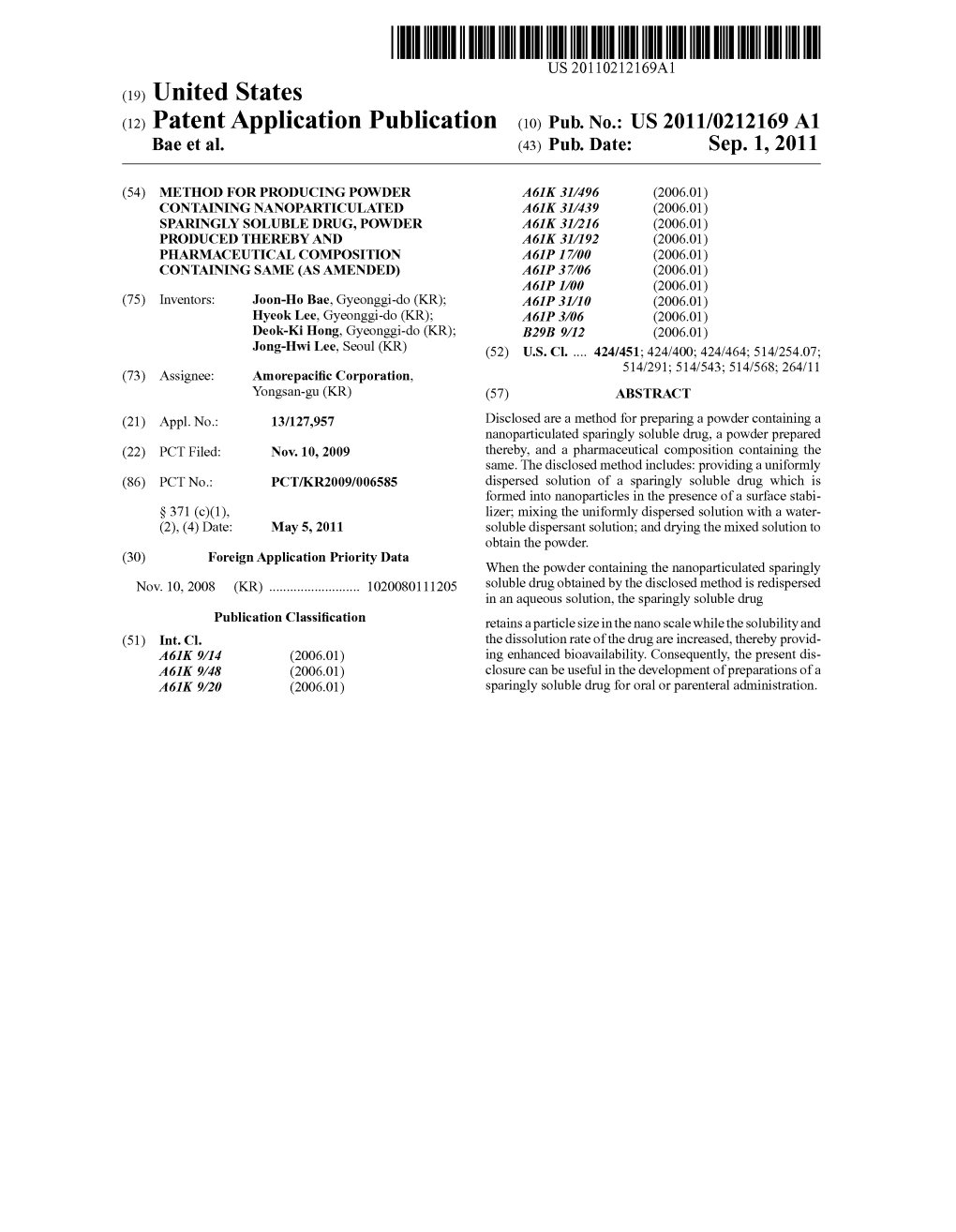 (12) Patent Application Publication (10) Pub. No.: US 2011/0212169 A1 Bae Et Al