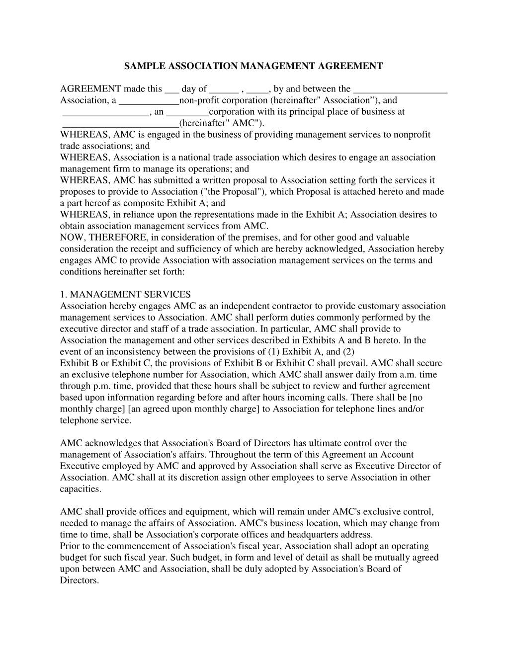 SAMPLE ASSOCIATION MANAGEMENT AGREEMENT AGREEMENT Made This Day of , , by and Between the Association, a Non-Profit Corp