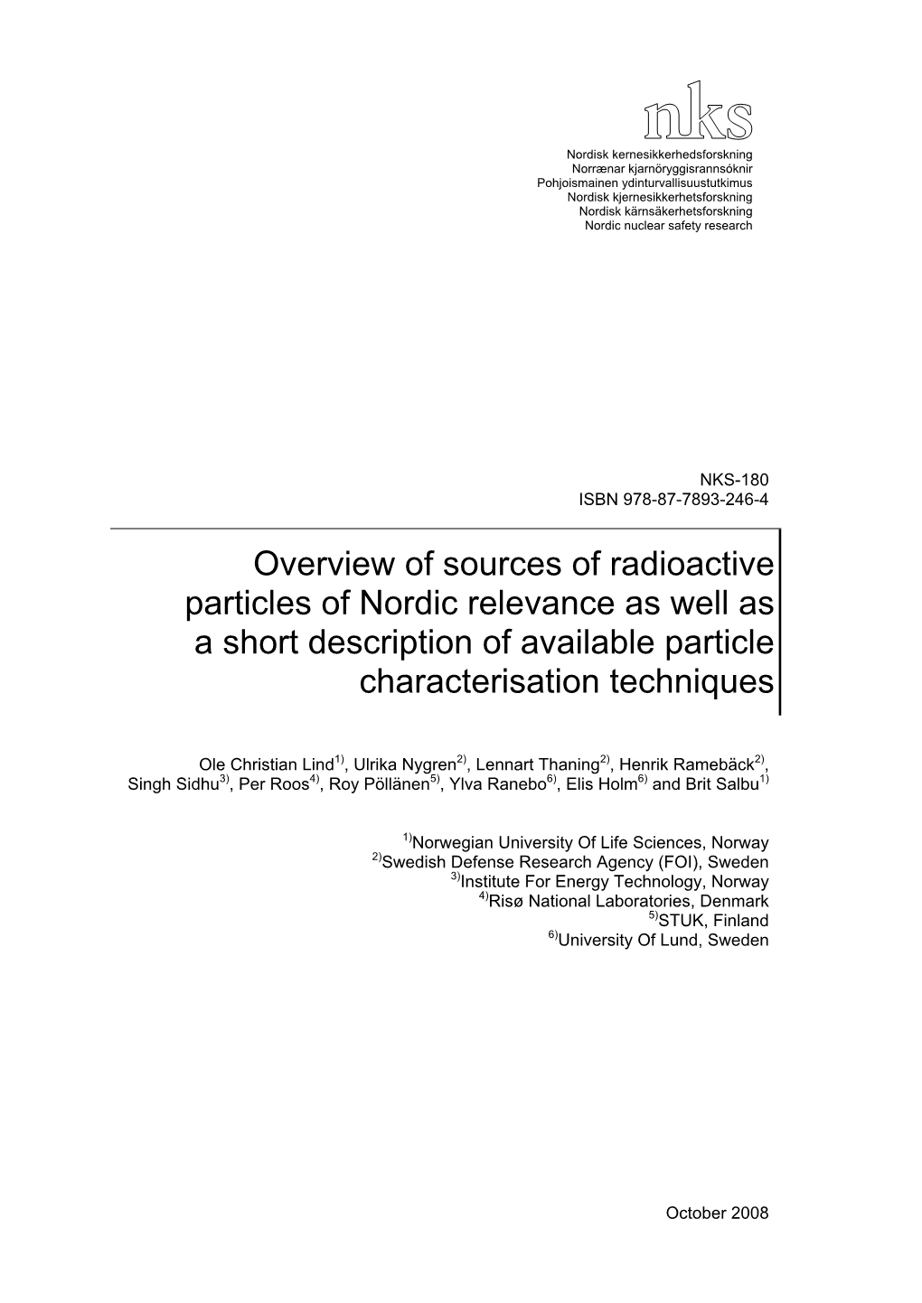 NKS-180, Overview of Sources of Radioactive Particles of Nordic