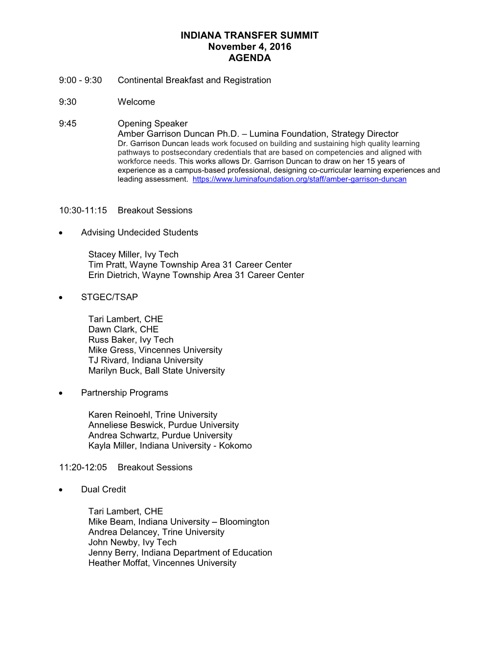 INDIANA TRANSFER SUMMIT November 4, 2016 AGENDA