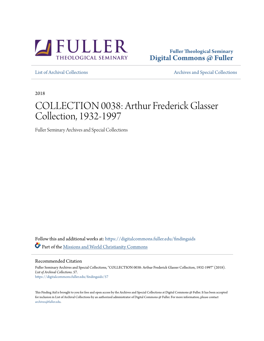 Arthur Frederick Glasser Collection, 1932-1997 Fuller Seminary Archives and Special Collections