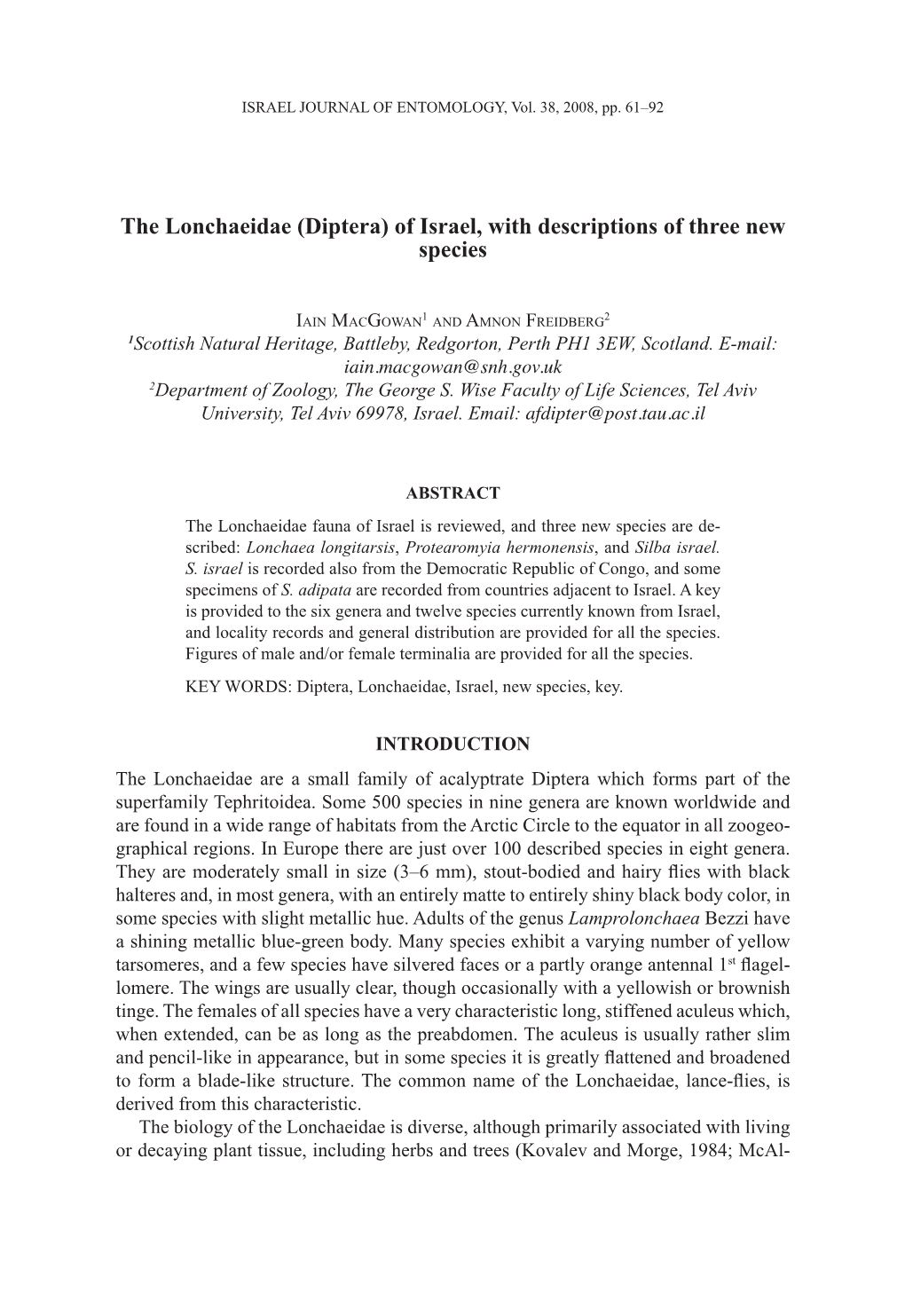 The Lonchaeidae (Diptera) of Israel, with Descriptions of Three New Species