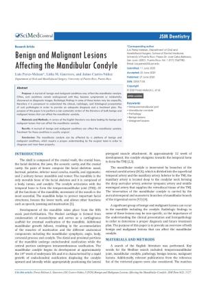 Benign and Malignant Lesions Affecting the Mandibular Condyle