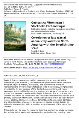 Geologiska Föreningen I Stockholm Förhandlingar Correlation of Late