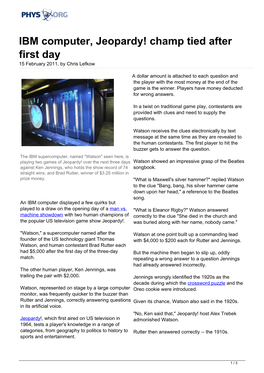IBM Computer, Jeopardy! Champ Tied After First Day 15 February 2011, by Chris Lefkow