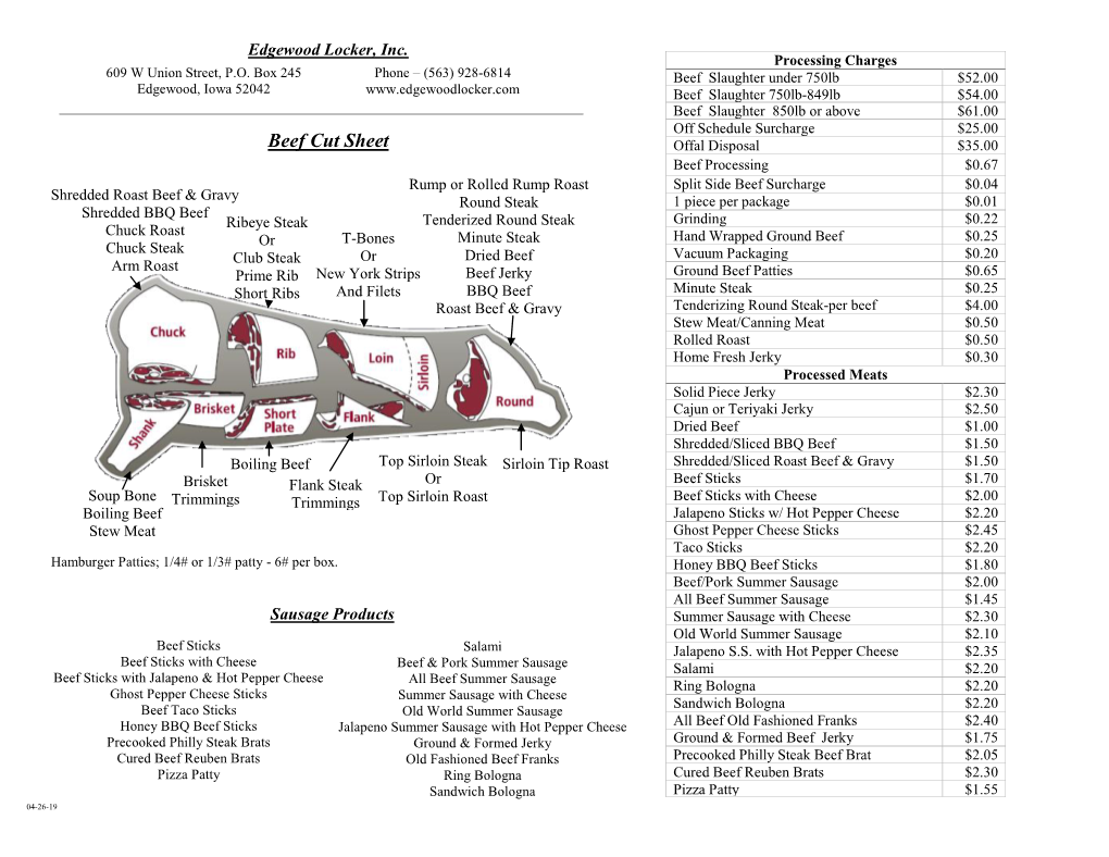 Beef Cut Sheet Offal Disposal $35.00 Beef Processing $0.67