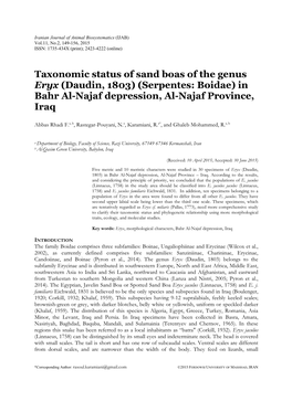 Taxonomic Status of Sand Boas of the Genus Eryx (Daudin, 1803) (Serpentes: Boidae) in Bahr Al-Najaf Depression, Al-Najaf Province, Iraq