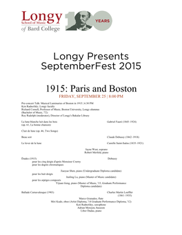 Longy Presents Septemberfest 2015 1915: Paris and Boston