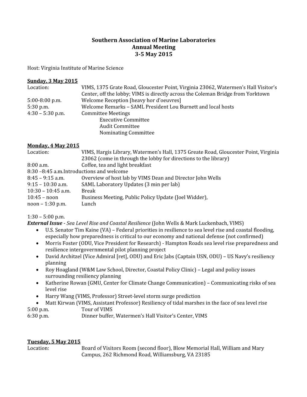 Southern Association of Marine Laboratories Annual Meeting 3-5 May 2015