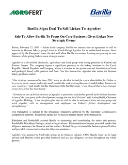 Barilla Signs Deal to Sell Lieken to Agrofert