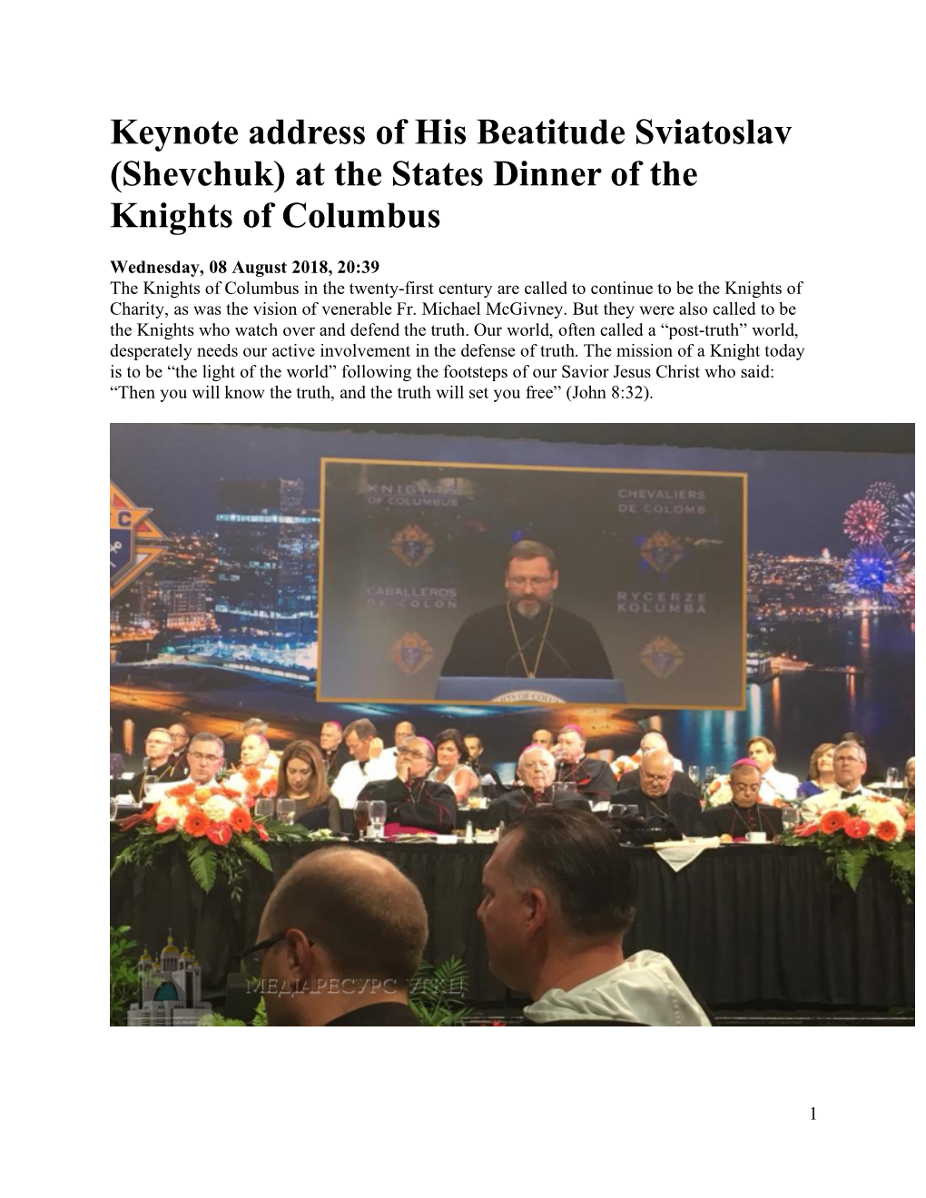 Keynote Address of His Beatitude Sviatoslav (Shevchuk) at the States Dinner of the Knights of Columbus