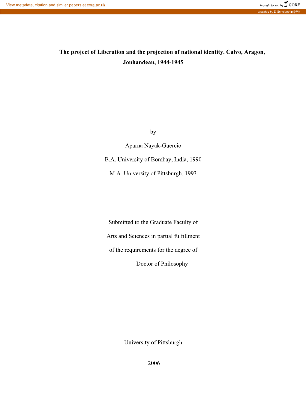 The Project of Liberation and the Projection of National Identity. Calvo, Aragon, Jouhandeau, 1944-1945