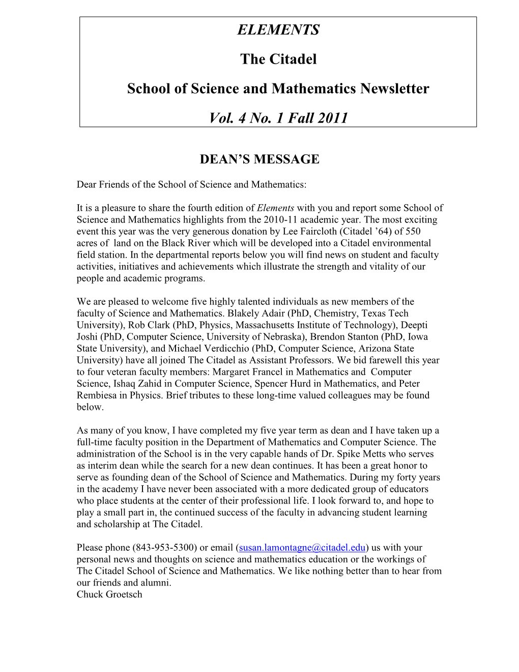 ELEMENTS the Citadel School of Science and Mathematics Newsletter Vol