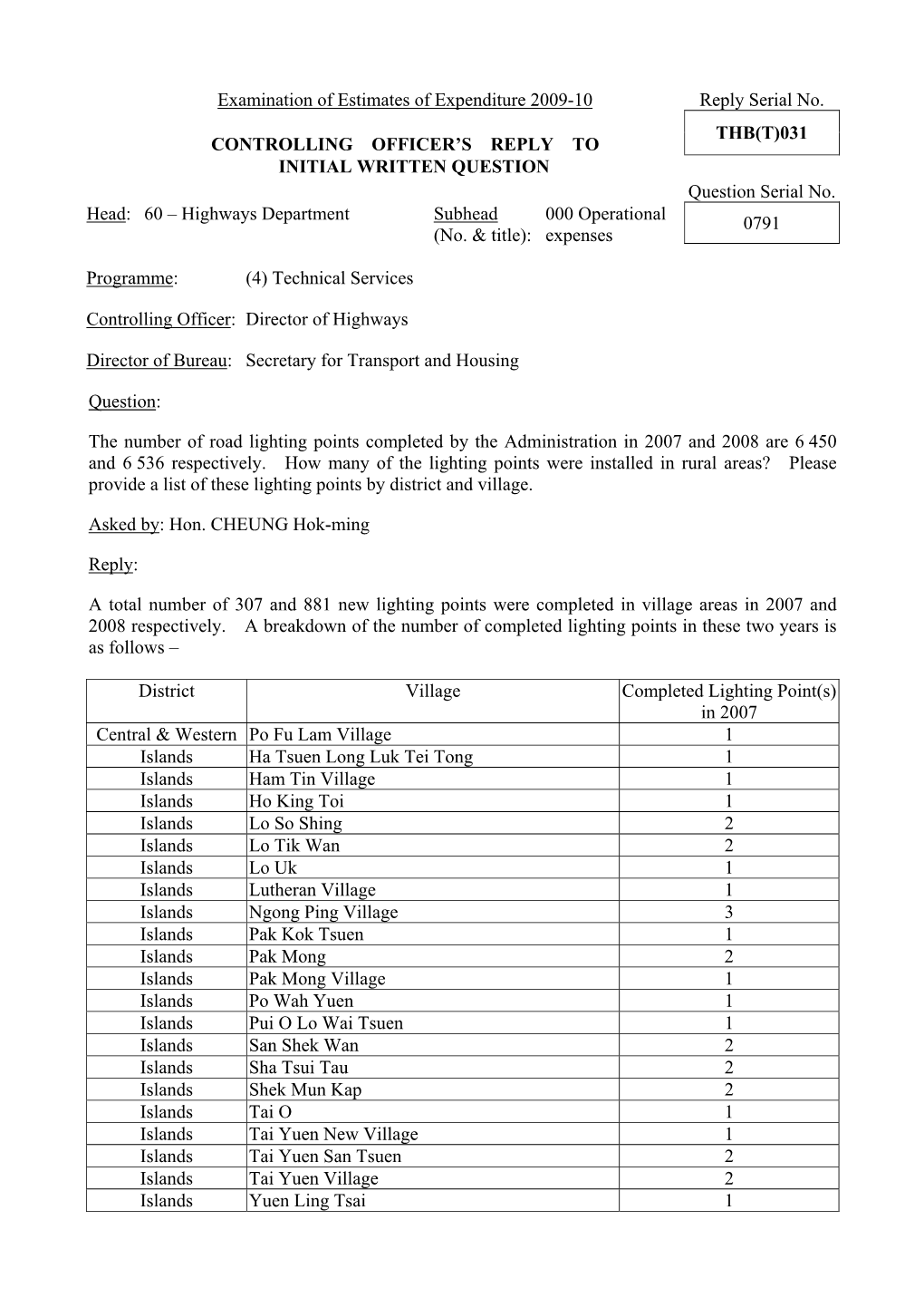 Examination of Estimates of Expenditure 2009-10 Reply Serial No