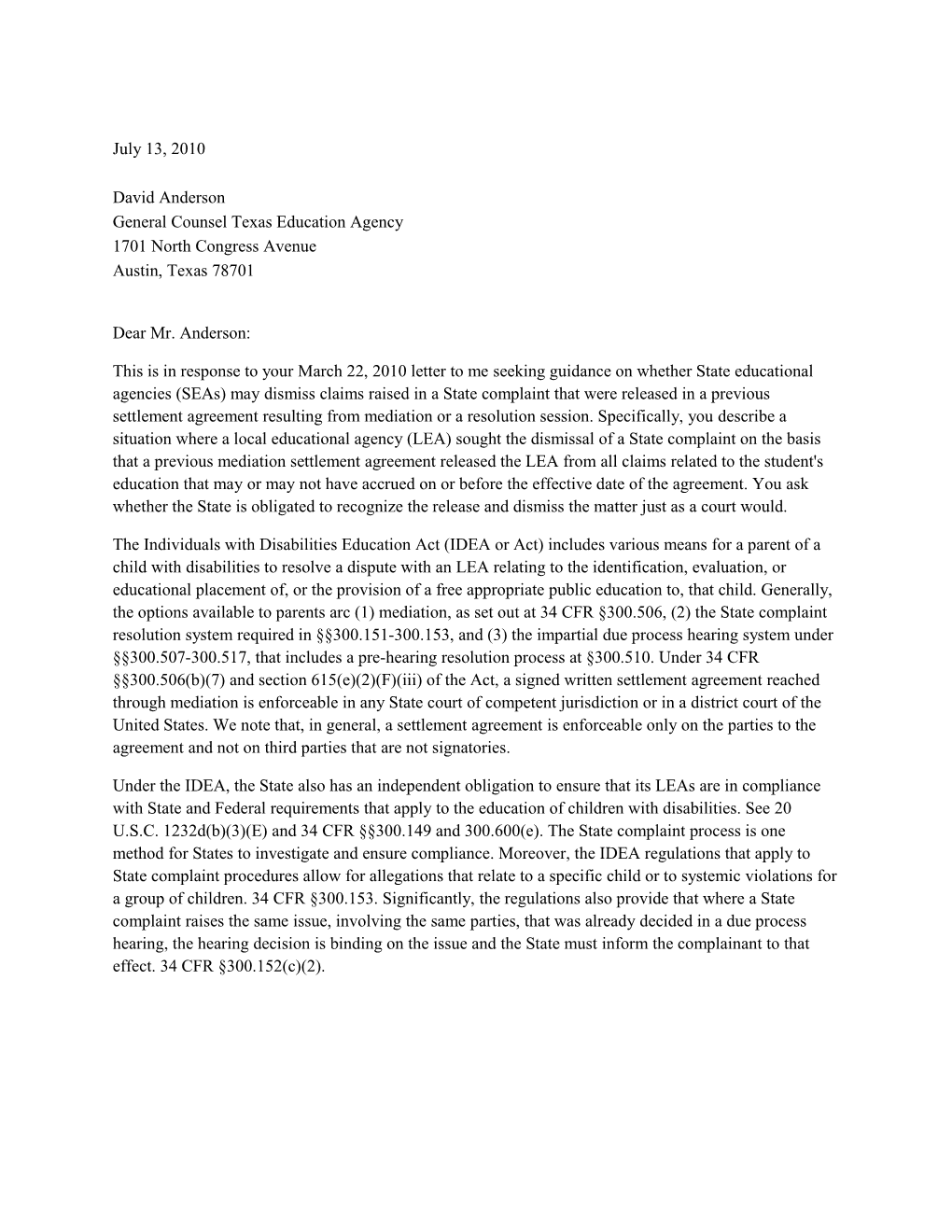 Anderson Letter Dated 07/13/10 Re: Mediation and Resolution Agreements (Ms Word)