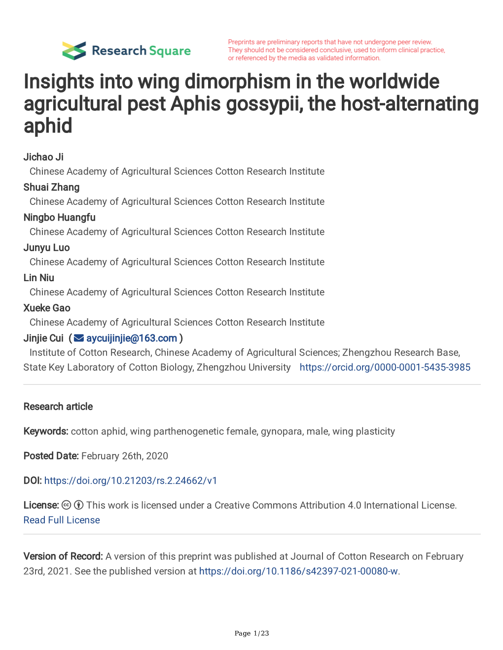 Insights Into Wing Dimorphism in the Worldwide Agricultural Pest Aphis Gossypii, the Host-Alternating Aphid