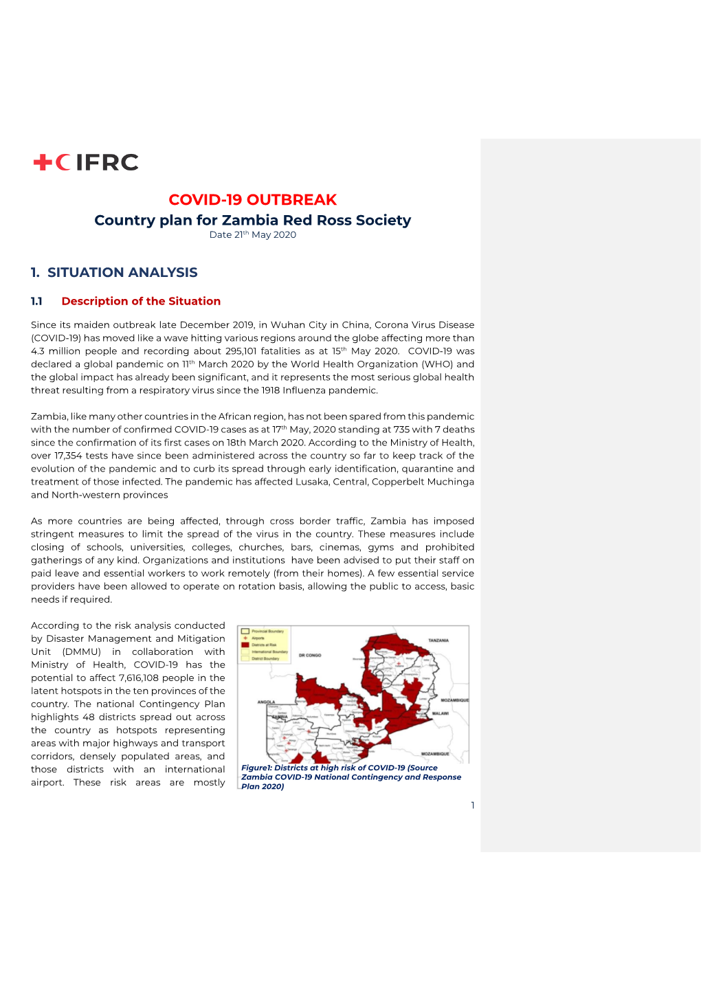 COVID-19 OUTBREAK Country Plan for Zambia Red Ross Society Date 21Th May 2020