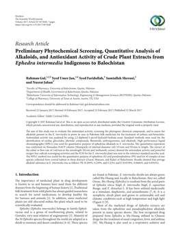 Research Article Preliminary Phytochemical Screening