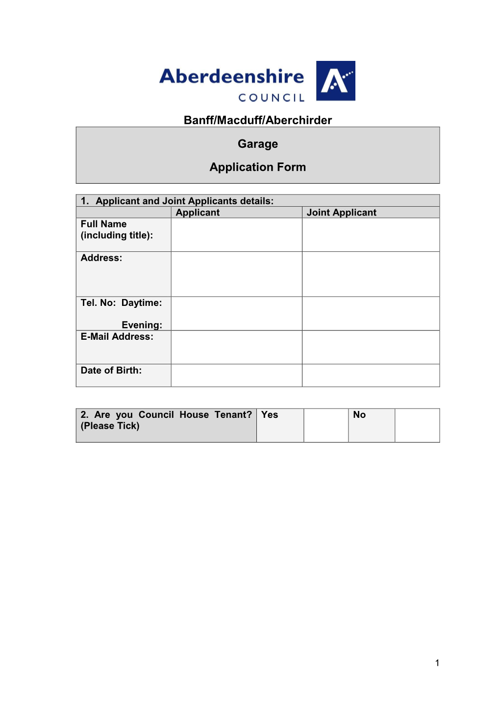 Banff/Macduff/Aberchirder Garage Application Form