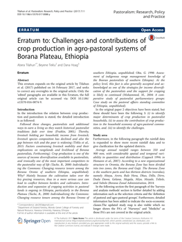 Challenges and Contributions of Crop Production in Agro-Pastoral Systems of Borana Plateau, Ethiopia Abera Tilahun1*, Beyene Teklu2 and Dana Hoag3