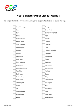 Host's Master Artist List for Game 1