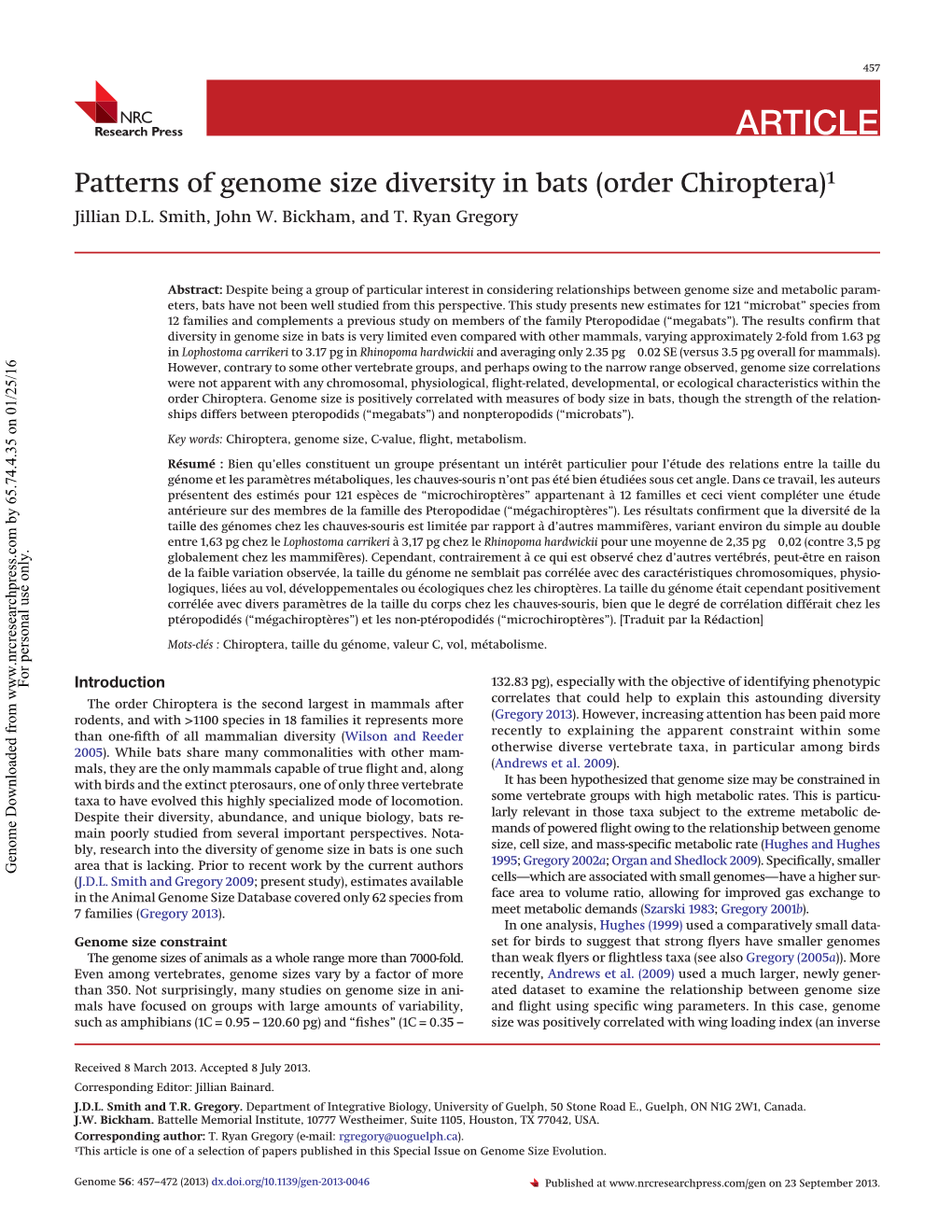 Patterns of Genome Size Diversity in Bats (Order Chiroptera)1 Jillian D.L