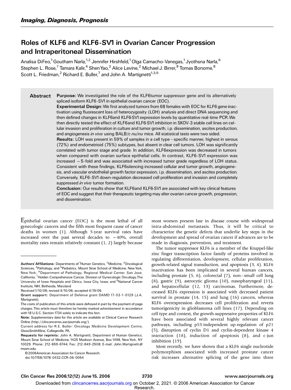 Roles of KLF6 and KLF6-Sv1in Ovarian Cancer Progression And