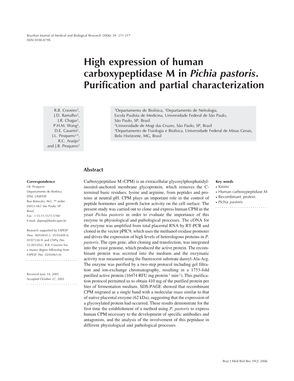 High Expression of Human Carboxypeptidase M in Pichia Pastoris