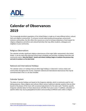 Calendar of Observances 2019