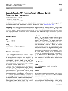 Abstracts from the 50Th European Society of Human Genetics Conference: Oral Presentations