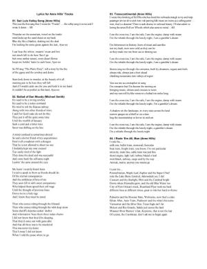 Lyrics for Anne Hills' Tracks 01. San Luis Valley Song (Anne Hills) This
