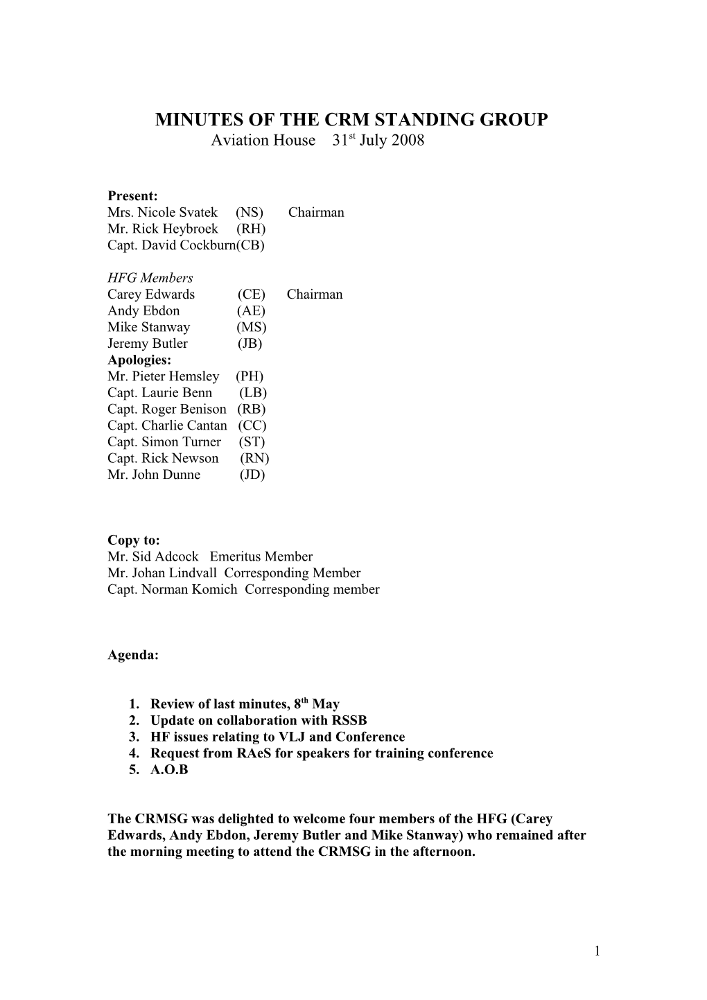 Minutes of the Crm Standing Group s1