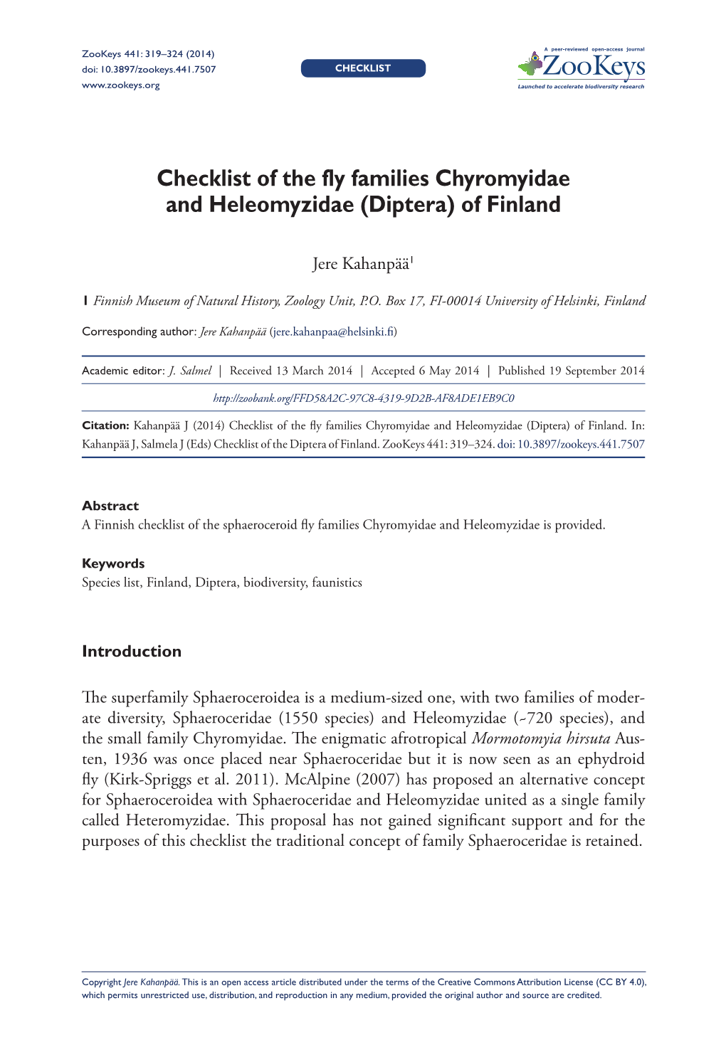 Diptera) of Finland 319 Doi: 10.3897/Zookeys.441.7507 CHECKLIST Launched to Accelerate Biodiversity Research